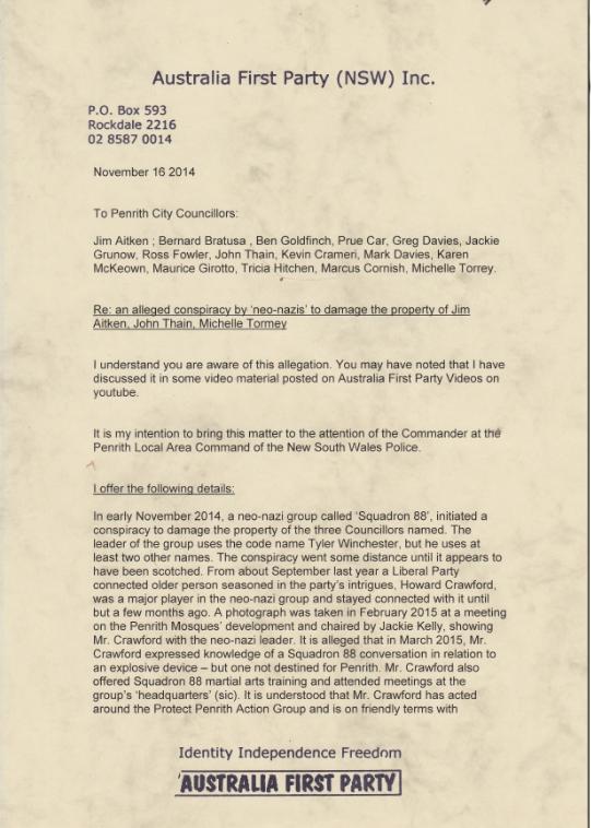 Dr Jim Saleam letter to Penrith Council page 1