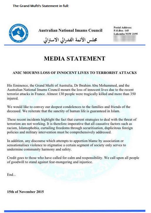 Grand Mufti of Australia statement on 2015 Paris attacks