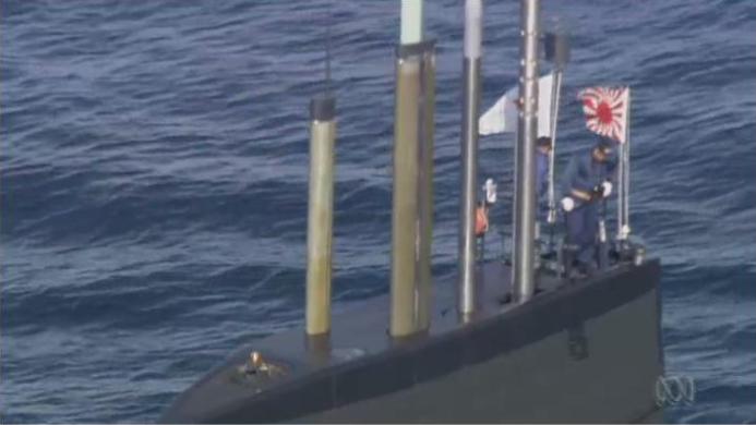 Japanese Submarine flies Rising Sun Flag in Sydney Harbour April 2016